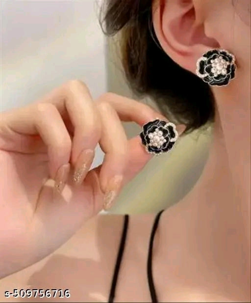 Korean Black Pearl Rose Flower Earring