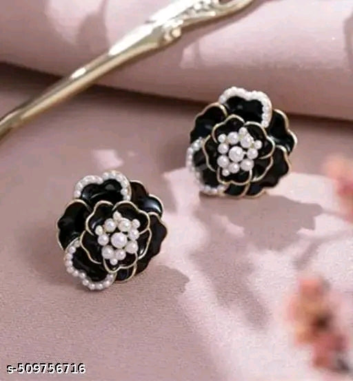 Korean Black Pearl Rose Flower Earring