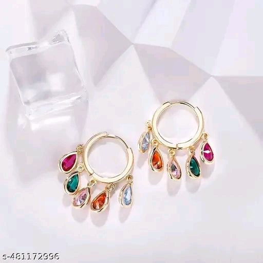 Gold Tone huggie hoops with multicolor teardrop charms Earring