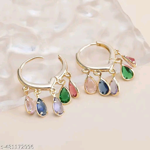 Gold Tone huggie hoops with multicolor teardrop charms Earring