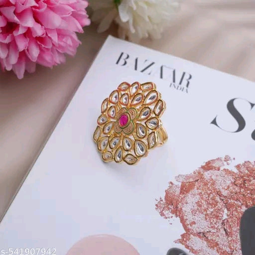 MASHBA Gold Plated Big Size Kundan Ring