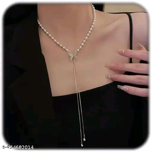 Golden Butterflly Pearl Long Chain Pendant