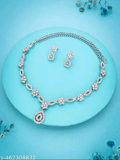 Silver Plated Necklace Set With American Diamond