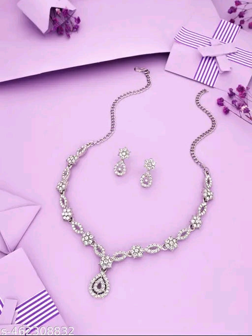 Silver Plated Necklace Set With American Diamond