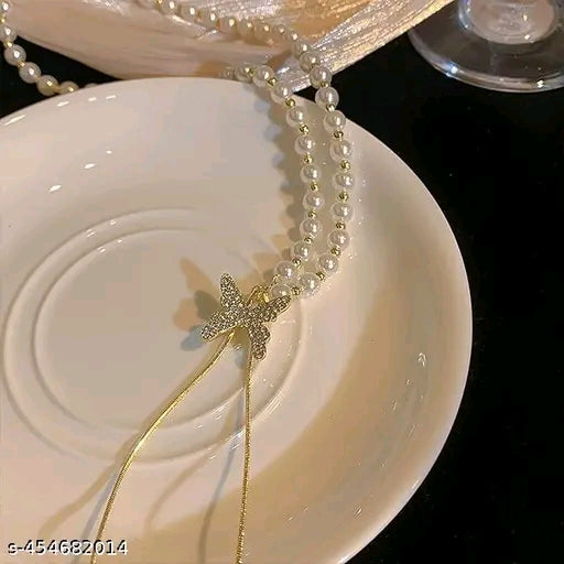 Golden Butterflly Pearl Long Chain Pendant
