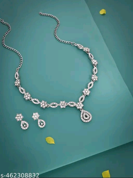 Silver Plated Necklace Set With American Diamond