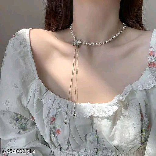 Golden Butterflly Pearl Long Chain Pendant