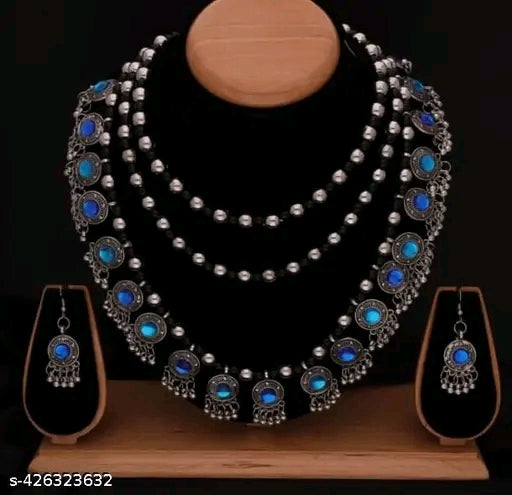 Long Layered German Silver Necklace with Earring Set