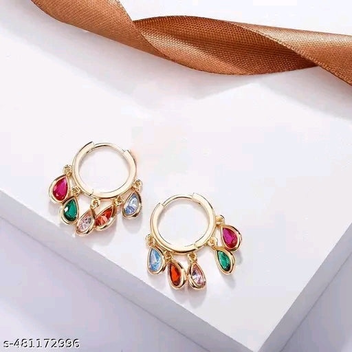 Gold Tone huggie hoops with multicolor teardrop charms Earring