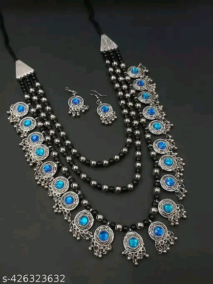 Long Layered German Silver Necklace with Earring Set