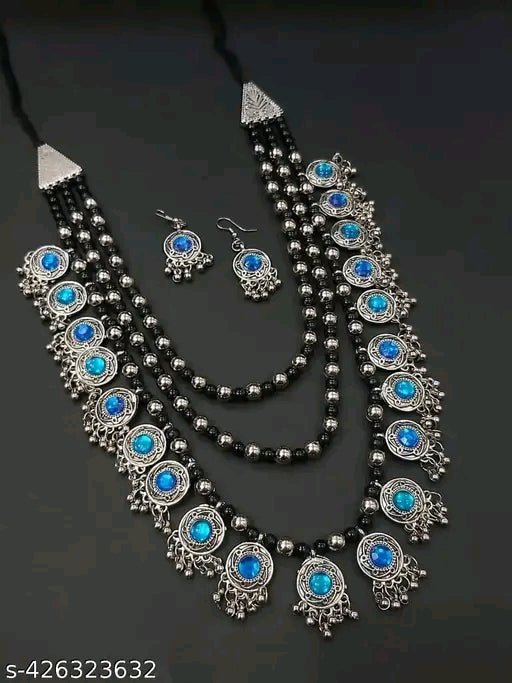 Long Layered German Silver Necklace with Earring Set