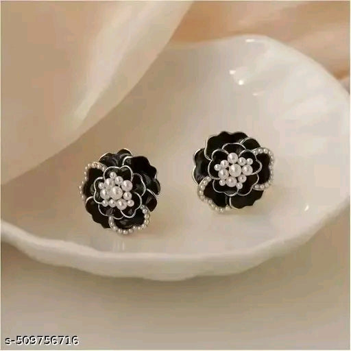 Korean Black Pearl Rose Flower Earring