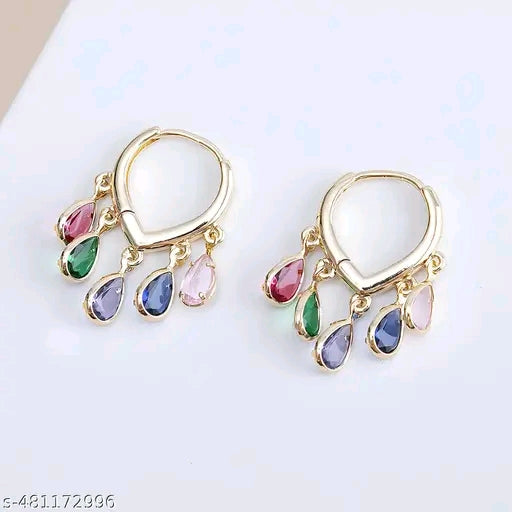 Gold Tone huggie hoops with multicolor teardrop charms Earring