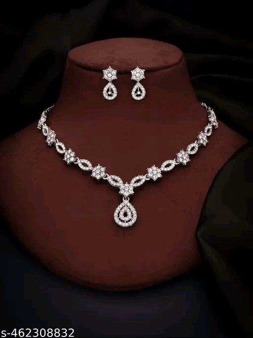 Silver Plated Necklace Set With American Diamond