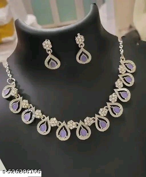 Purple pistachio Colour Necklace In rhodium Polish jwellery set