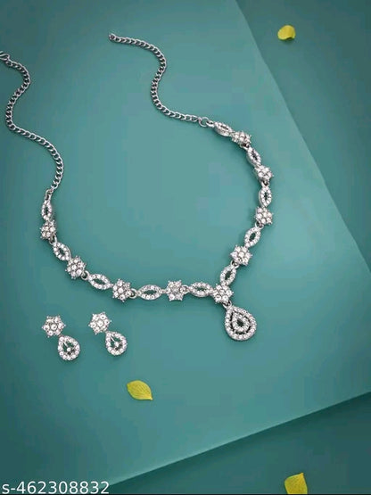 Silver Plated Necklace Set With American Diamond