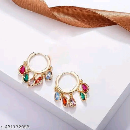 Gold Tone huggie hoops with multicolor teardrop charms Earring